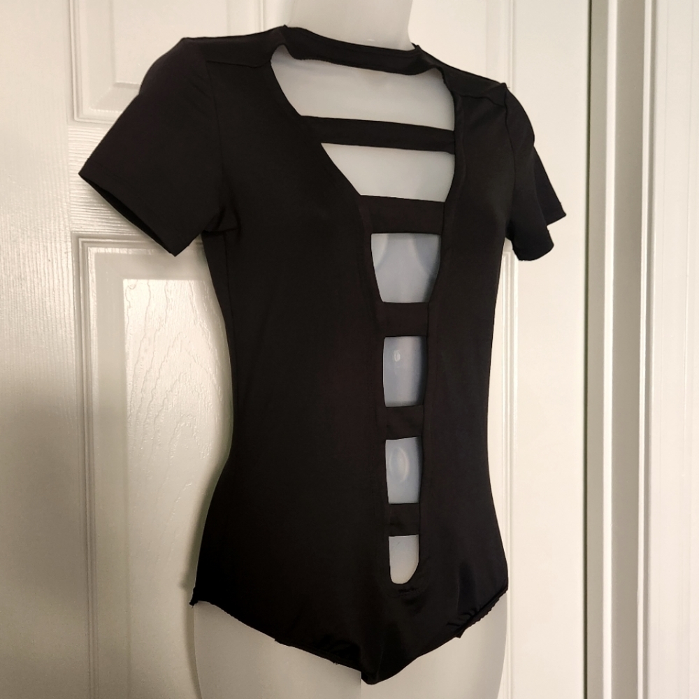 High Neck Ladder Cut Out Black Bodysuit